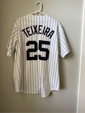 Majestic White Yankees Jersey with Navy Pinstripes and Logo Tag - Teixeira
